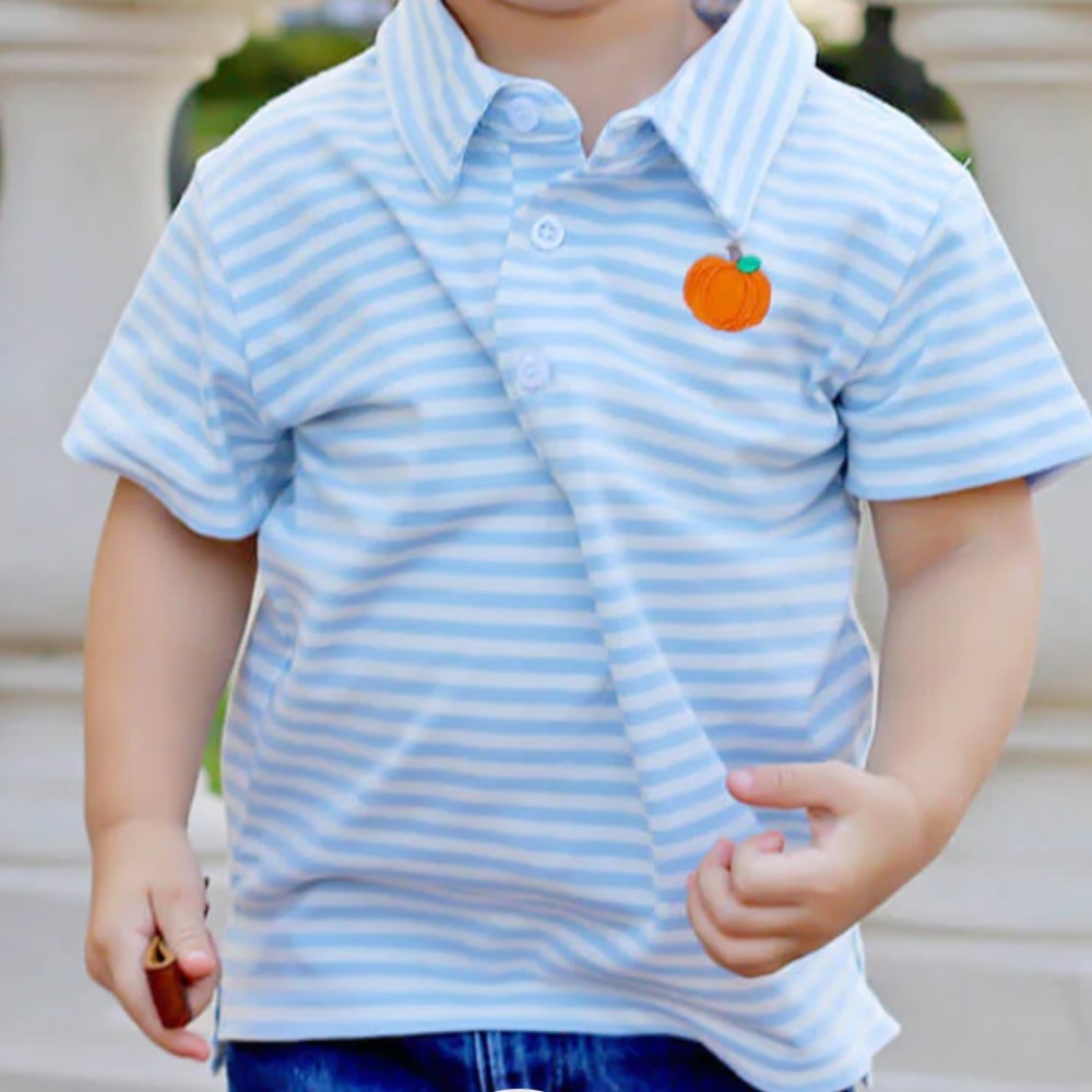 Light Blue Striped Kids Polo with Pumpkin Patch